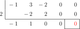  \polyhornerscheme[x=2,resultstyle=\color{red},resultbottomrule,resultleftrule,resultrightrule]{ -x^4 +3x^3 -2x^2}