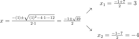 \begin{array}{ccc} & & x_1 = \frac{-1+7}{2}=3\\ & \nearrow &\\x=\frac{-(1)\pm\sqrt{(1)^{2}-4\cdot1\cdot-12}}{2\cdot1}=\frac{-1\pm\sqrt{49}}{2} & &\\ & \searrow &\\& & x_2 = \frac{-1-7}{2}=-4\end{array}