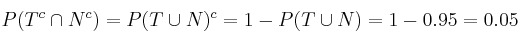 P(T^c \cap N^c) = P(T \cup N)^c = 1 - P(T \cup N) = 1-0.95=0.05