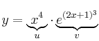 y = \underbrace{x^4}_{u} \cdot \underbrace{e^{(2x+1)^3}}_{v} y = \underbrace{x^4}_{u} \cdot \underbrace{e^{(2x+1)^3}}_{v}