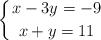 \left\{ x-3y=-9 \atop x+y=11 \right.