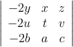 \left| \begin{array}{ccc} 
  -2y & x & z \\
  -2u & t & v \\
  -2b & a & c 
\end{array} \right|