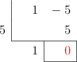  \polyhornerscheme[x=5, resultstyle=\color{red},resultbottomrule,resultleftrule,resultrightrule]{x - 5}