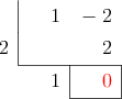  \polyhornerscheme[x=2, resultstyle=\color{red},resultbottomrule,resultleftrule,resultrightrule]{x-2}