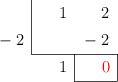 \polyhornerscheme[x=-2,resultstyle=\color{red},resultbottomrule,resultleftrule,resultrightrule]{x+2}