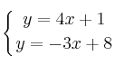 \displaystyle {
\left\{ 
{y=4x+1 \atop 
y= -3x + 8 } 
\right.}