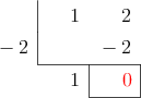  \polyhornerscheme[x=-2, resultstyle=\color{red},resultbottomrule,resultleftrule,resultrightrule]{x+2}