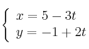  \left\{
\begin{array}{ll}
x = 5 - 3t \\
y = -1 + 2t
\end{array}
\right. 