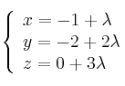 \left\{ \begin{array}{lll}
x=-1+\lambda \\  
y=-2+2\lambda \\
z=0+3\lambda
\end{array}
\right.