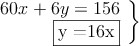  \left.
\begin{array}{r}
60x + 6y =156 \\
\fbox{y =16x}
\end{array}
\right \}