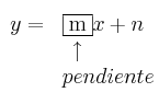 \begin{array}{rl}
y=& \fbox{m}x + n \\
& \: \: \uparrow \\
& pendiente
\end{array}
\begin{array}{rl}
y=& \fbox{m}x + n \\
& \: \: \uparrow \\
& pendiente
\end{array}