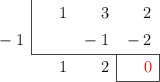 \polyhornerscheme[x=-1,resultstyle=\color{red},resultbottomrule,resultleftrule,resultrightrule]{x^2+3x+2}