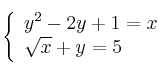  \left\{
\begin{array}{lll}
y^2 - 2y + 1 = x \\
\sqrt{x} + y = 5 
\end{array}
\right. 