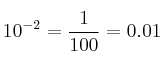 10^{-2} = \frac{1}{100}=0.01 10^{-2} = \frac{1}{100}=0.01