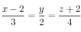 \frac{x-2}{3}=\frac{y}{2}=\frac{z+2}{4}