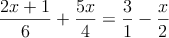 \frac{2x+1}{6}+\frac{5x}{4}=\frac{3}{1}-\frac{x}{2}