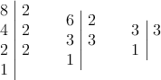 \left. \begin{array}{c|c}8 & 2\cr4 & 2 \cr2 & 2 \cr1\end{array} \right.  \quad \left. \begin{array}{c|c}6 & 2\cr3 & 3 \cr1\end{array} \right.  \quad 
	\left. \begin{array}{c|c}3 & 3\cr1\end{array} \right.
