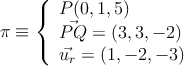 \pi \equiv \left\{
\begin{array}{l}
P(0,1,5) 
\\ \vec{PQ}=(3, 3, -2)
\\ \vec{u_r}=(1,-2,-3)
\end{array}
\right. 