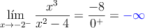 \lim\limits_{x \rightarrow -2^-} \frac{x^3}{x^2-4}=\frac{-8}{0^+}=\textcolor{blue}{-\infty}