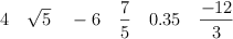 4  \quad \sqrt{5} \quad  -6  \quad \frac{7}{5} \quad 0.35 \quad \frac{-12}{3}