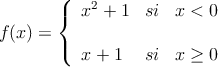 f(x)= \left\{ \begin{array}{lcc}
              x^2+1 &   si  & x < 0 \\
              \\ x+1 &  si &  x \geq 0
              \end{array}
    \right.