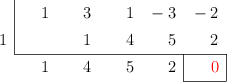 \polyhornerscheme[x=1,resultstyle=\color{red},resultbottomrule,resultleftrule,resultrightrule]{x^4+3x^3+x^2-3x-2}