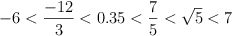 -6 < \frac{-12}{3} <  0.35 < \frac{7}{5} < \sqrt{5} < 7