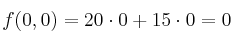 f(0,0)= 20 \cdot 0 +15 \cdot 0 = 0 f(0,0)= 20 \cdot 0 +15 \cdot 0 = 0