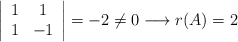 \left| \begin{array}{cc} 1 & 1 \\  1 & -1 \end{array} \right|=-2 \neq 0 \longrightarrow r(A)=2