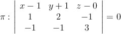 \pi: \left| \begin{array}{ccc} 
x-1 & y+1 & z-0 \\
1 & 2 & -1 \\
 -1 & -1 & 3 
\end{array} \right| = 0