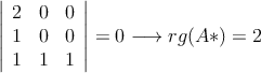 \left|
\begin{array}{ccc}
2 & 0 & 0 \\
1 & 0   & 0 \\
1 & 1  & 1 
\end{array}
\right| =  0 \longrightarrow rg(A*)=2
