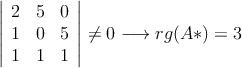 \left|
\begin{array}{ccc}
2 & 5 & 0 \\
1 & 0   & 5 \\
1 & 1  & 1 
\end{array}
\right| \neq  0 \longrightarrow rg(A*)=3
