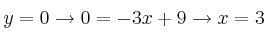 y=0 \rightarrow 0=-3x+9 \rightarrow x=3