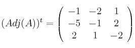 (Adj(A))^t = \left(
\begin{array}{ccc}
-1 & -2 & 1
\\ -5 & -1 & 2
\\ 2 & 1 & -2
\end{array}
\right) (Adj(A))^t = \left(
\begin{array}{ccc}
-1 & -2 & 1
\\ -5 & -1 & 2
\\ 2 & 1 & -2
\end{array}
\right)