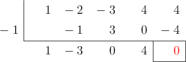  \polyhornerscheme[x=-1, resultstyle=\color{red},resultbottomrule,resultleftrule,resultrightrule]{x^4-2x^3-3x^2+4x+4}