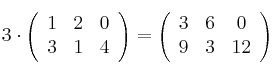 3 \cdot \left(
\begin{array}{ccc}
     1 & 2 & 0
  \\ 3 & 1 & 4
\end{array}
\right) = \left(
\begin{array}{ccc}
     3 & 6 & 0
  \\ 9 & 3 & 12
\end{array}
\right)