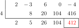  \polyhornerscheme[x=4, resultstyle=\color{red},resultbottomrule,resultleftrule,resultrightrule]{2x^4-3x^3+6x^2-4}