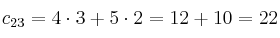 c_{23} = 4 \cdot 3 + 5 \cdot 2 = 12 + 10 = 22