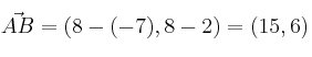 \vec{AB} = \left( 8-(-7), 8-2 \right) =(15,6) \vec{AB} = \left( 8-(-7), 8-2 \right) =(15,6)