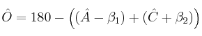 \^{O} = 180 - \left( (\^{A} - \beta_1) + (\^{C} + \beta_2) \right)