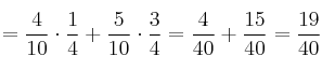 =\frac{4}{10} \cdot \frac{1}{4} + \frac{5}{10} \cdot \frac{3}{4}=\frac{4}{40} + \frac{15}{40}=\frac{19}{40} 