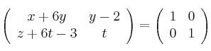 \left(
\begin{array}{cc}
     x+6y & y-2
  \\ z+6t-3 & t
\end{array}
\right)  = \left(
\begin{array}{cc}
     1 & 0
  \\ 0 & 1
\end{array}
\right) 