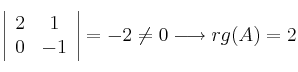 \left|
\begin{array}{cc}
     2 & 1 
  \\ 0 & -1 
\end{array}
\right| = -2 \neq 0 \longrightarrow rg(A)=2
