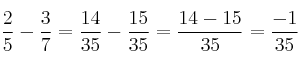 \frac{2}{5} - \frac{3}{7} = \frac{14}{35} - \frac{15}{35} = \frac{14-15}{35} = \frac{-1}{35} \frac{2}{5} - \frac{3}{7} = \frac{14}{35} - \frac{15}{35} = \frac{14-15}{35} = \frac{-1}{35}
