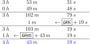 \begin{array}{rcc}
 3\: h & 53 \: m & 31 \: s \\
 0\: h & 49 \: m & 48 \: s \\
\hline
 3\: h & 102 \: m & 79 \: s \\
  & 1 \: m &\leftarrow\fbox{\cancel{60s}}+19 \: s \\
\hline
 3\: h & 103 \: m & 19 \: s \\
1\: h & \leftarrow\fbox{\cancel{60m}}+43 \: m & 19 \: s \\
\hline
 \textcolor{blue}{4\: h} & \textcolor{blue}{43 \: m} & \textcolor{blue}{19 \: s} \\
\end{array}