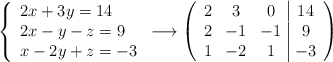  \left\{ \begin{array}{lll} 2x + 3y = 14 \\ 2x - y - z = 9 \\ x -2y + z = -3\end{array} \right. \longrightarrow \left( \begin{array}{ccc|c} 2 & 3 & 0 & 14 \\ 2 & -1 & -1 & 9 \\ 1& -2& 1 & -3\end{array} \right)