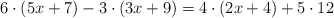 6 \cdot(5x+7) -3 \cdot (3x+9) =4 \cdot (2x+4) +5 \cdot 12