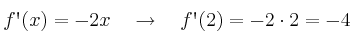f\textsc{\char13}(x)=-2x \quad \rightarrow \quad f\textsc{\char13}(2)=-2 \cdot 2 = -4 f\textsc{\char13}(x)=-2x \quad \rightarrow \quad f\textsc{\char13}(2)=-2 \cdot 2 = -4