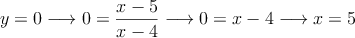 y=0 \longrightarrow 0=\frac{x-5}{x-4} \longrightarrow 0=x-4 \longrightarrow x=5