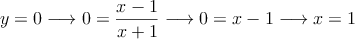 y=0 \longrightarrow 0=\frac{x-1}{x+1} \longrightarrow 0=x-1 \longrightarrow x=1